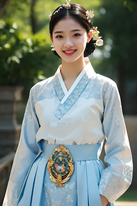 woman wearing dangui,waist up portrait,sweet smile,updo,extremely detailed clothes,masterpiece,8k,trending on pixiv,highest quality,<lora:DanguiHanbokV2:0.8>,