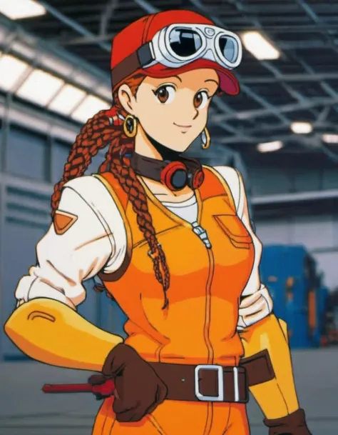 a 20 y.o woman, neneh,goggles,red cap,braids,goggles on head,orange vest,white shirt,long sleeves,orange pants,boots,gloves,looking at viewer,full body,happy, in futuristic hangar,standing,front view <lora:NenehXL1:0.7>