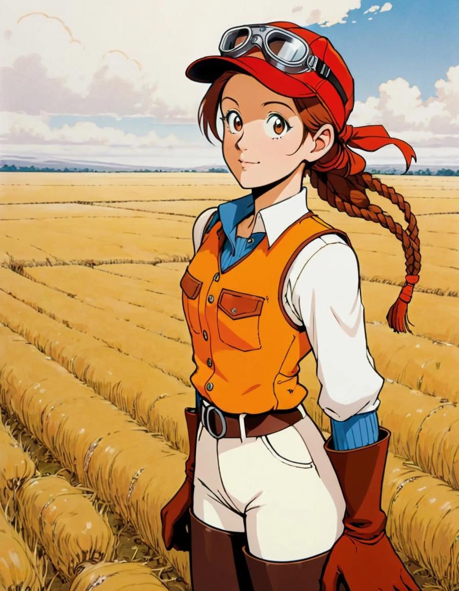 (pen and ink drawing,style of satoshi kon:1.2),a 20 y.o woman,mature female, neneh,goggles,brown hair,medium hair,red cap,multiple hair braids,goggles on head,orange vest,white shirt,long sleeves,orange pants,boots,gloves,looking at viewer,full body,happy, in desolate field,standing,crossed arms,:p,front view <lora:NenehXL1:0.7>