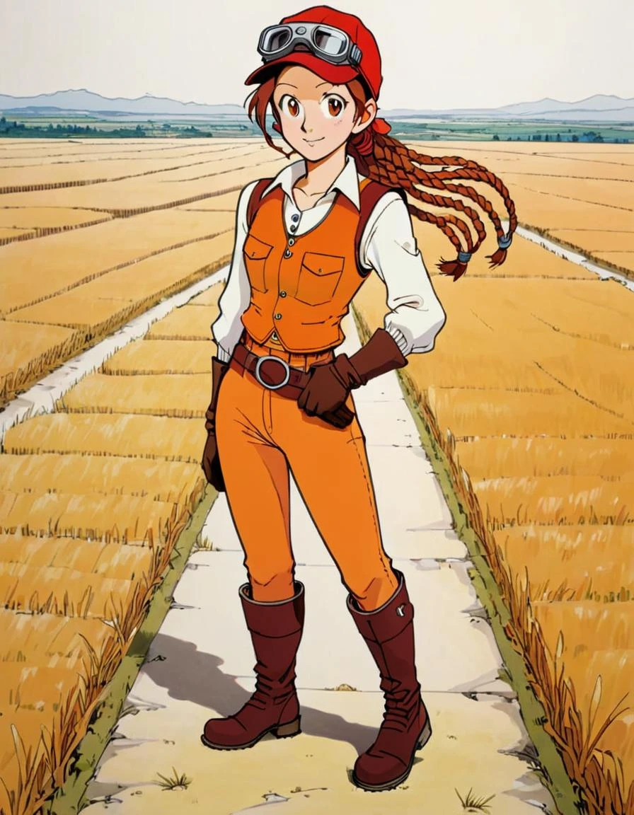 (pen and ink drawing,style of satoshi kon:1.2),a 20 y.o woman,mature female, neneh,goggles,brown hair,medium hair,red cap,multiple hair braids,goggles on head,orange vest,white shirt,long sleeves,orange pants,boots,gloves,looking at viewer,full body,happy, in desolate field,standing,crossed arms,:p,front view <lora:NenehXL1:0.7>