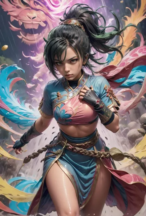 Psychedelic style <lora:fightdress_SDXL_reg_:1>,1girl,25yo,fighting,in battle,the background is a huge buddha statue and pagoda,cannot fail,black hair,hair bun,<lora:tangwei_SDXL_1_:1>,blush,sweat,Tsundere,in pouring rain, . Vibrant colors, swirling patterns, abstract forms, surreal, trippy