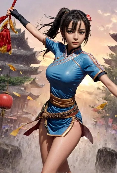 anime artwork <lora:fightdress_SDXL_reg_:1>,1girl,25yo,fighting,the background is a huge buddha statue and pagoda,cannot fail,black hair,hair bun,<lora:dili_SDXL_1_:1>,blush,sweat,Tsundere,in pouring rain, . anime style, key visual, vibrant, studio anime, highly detailed