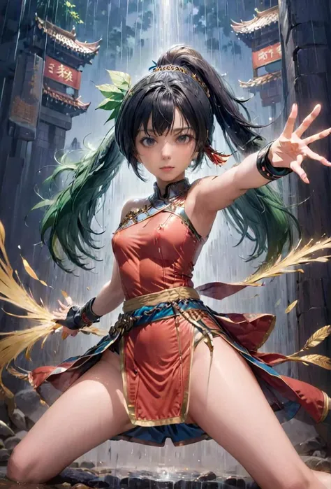 anime artwork <lora:fightdress_SDXL_reg_:1>,1girl,25yo,fighting,in battle,the background is a huge buddha statue and pagoda,cannot fail,black hair,hair bun,<lora:fbb_XL_2_:1>,blush,sweat,Tsundere,in pouring rain, . anime style, key visual, vibrant, studio anime, highly detailed