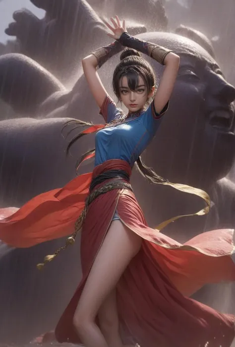 anime artwork <lora:fightdress_SDXL_reg_:1>,1girl,25yo,fighting,the background is a huge buddha statue and pagoda,cannot fail,black hair,hair bun,<lora:dili_SDXL_1_:1>,blush,sweat,Tsundere,in pouring rain, . anime style, key visual, vibrant, studio anime, highly detailed