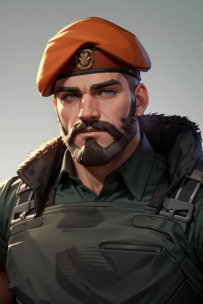Brimstone, Brimstone /(Valorant/), realistic, best quality, male focus, 1boy, hat, looking at viewer, beret, masterpiece, beard, facial hair <lora:BrimstoneValorant-000008:0.85>