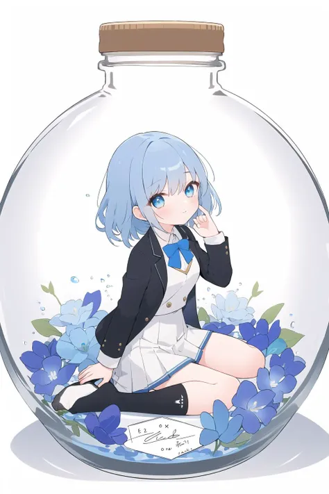 phgls, jar, in container, (masterpiece:1.2, best quality), (finely detailed beautiful eyes: 1.2), Wariza,(white background:1.2),
Blue hair,black long suit jacket,white pleated skirt,White socks
<lora:bottle2-000026:0.6>