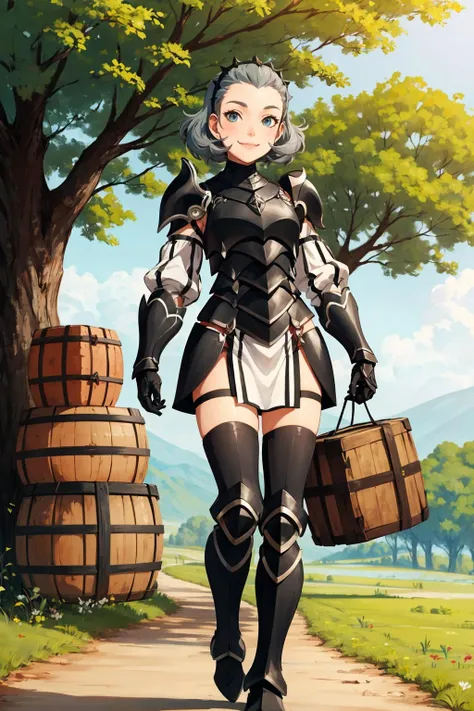 masterpiece, best quality, feSophie, hairband, armor, black gloves, thighhighs, white pelvic curtain, armored boots, standing, whole body, barrels, tree, field, crates, looking at viewer, smile, closed mouth <lora:sophie-nvwls-v1-000010:0.9>