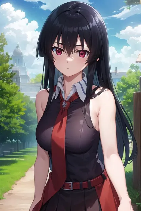 agkakame, <lora:agk akame s1-lora-nochekaiser:1>,
akame, long hair, black hair, (red eyes:1.3), hair between eyes,
BREAK skirt, dress, necktie, sleeveless, belt, shirt, black shirt, collared shirt, red necktie, black skirt,
BREAK outdoors, forest, nature, trees, grass, sky, clouds, night sky, night,
BREAK looking at viewer, (cowboy shot:1.5),
BREAK <lyco:GoodHands-beta2:1>, (masterpiece:1.2), best quality, high resolution, unity 8k wallpaper, (illustration:0.8), (beautiful detailed eyes:1.6), extremely detailed face, perfect lighting, extremely detailed CG, (perfect hands, perfect anatomy),