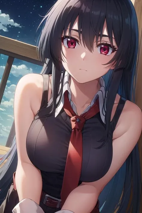 agkakame, <lora:agk akame s1-lora-nochekaiser:1>,
akame, long hair, black hair, (red eyes:1.3), hair between eyes,
BREAK skirt, dress, necktie, sleeveless, belt, shirt, black shirt, collared shirt, red necktie, black skirt,
BREAK outdoors, forest, nature, trees, grass, sky, clouds, night sky, night,
BREAK looking at viewer, (cowboy shot:1.5),
BREAK <lyco:GoodHands-beta2:1>, (masterpiece:1.2), best quality, high resolution, unity 8k wallpaper, (illustration:0.8), (beautiful detailed eyes:1.6), extremely detailed face, perfect lighting, extremely detailed CG, (perfect hands, perfect anatomy),