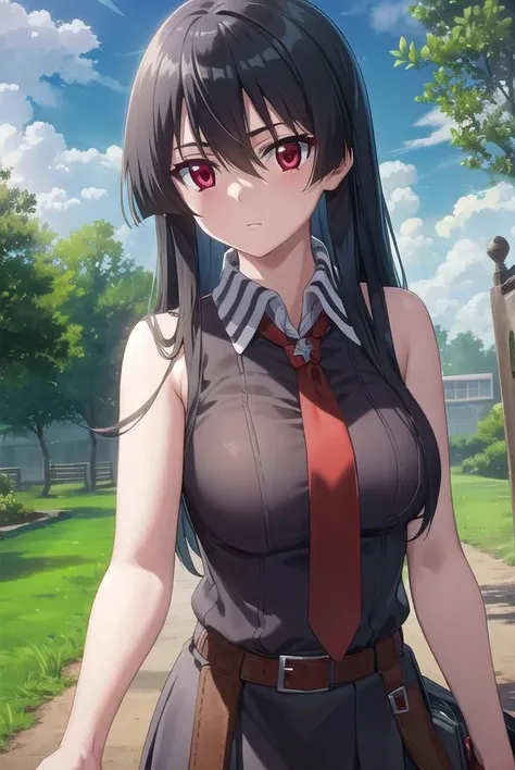 agkakame, <lora:agk akame s1-lora-nochekaiser:1>,
akame, long hair, black hair, (red eyes:1.3), hair between eyes,
BREAK skirt, dress, necktie, sleeveless, belt, shirt, black shirt, collared shirt, red necktie, black skirt,
BREAK outdoors, forest, nature, trees, grass, sky, clouds, night sky, night,
BREAK looking at viewer, (cowboy shot:1.5),
BREAK <lyco:GoodHands-beta2:1>, (masterpiece:1.2), best quality, high resolution, unity 8k wallpaper, (illustration:0.8), (beautiful detailed eyes:1.6), extremely detailed face, perfect lighting, extremely detailed CG, (perfect hands, perfect anatomy),