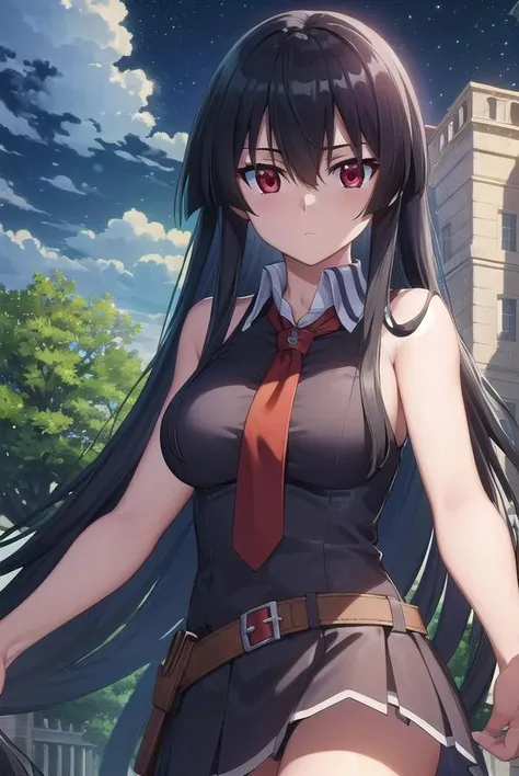 agkakame, <lora:agk akame s1-lora-nochekaiser:1>,
akame, long hair, black hair, (red eyes:1.3), hair between eyes,
BREAK skirt, dress, necktie, sleeveless, belt, shirt, black shirt, collared shirt, red necktie, black skirt,
BREAK outdoors, forest, nature, trees, grass, sky, clouds, night sky, night,
BREAK looking at viewer, (cowboy shot:1.5),
BREAK <lyco:GoodHands-beta2:1>, (masterpiece:1.2), best quality, high resolution, unity 8k wallpaper, (illustration:0.8), (beautiful detailed eyes:1.6), extremely detailed face, perfect lighting, extremely detailed CG, (perfect hands, perfect anatomy),