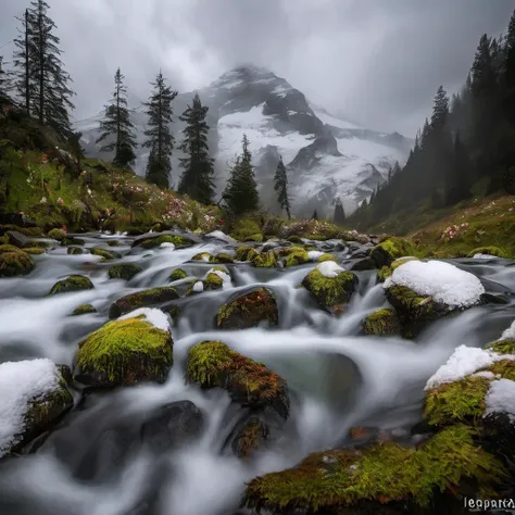 panoramic shot of frozen waterfall in pacific northwest with large snowy mountains and lush forests, +mist, rain, wet, pristine, puddles, melting, dripping, snow, lush, ice, green, forest, alpine flowers,+ Olympus M.Zuiko Digital ED 7-14mm f/2.8 PRO Lens, godrays