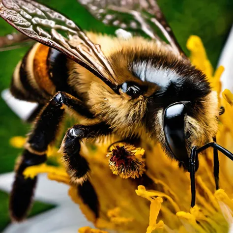 Marco photography, +extreme closeup of a bee on a flower, grabbing pollen,+ everything sharp in focus, highly detailed