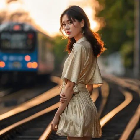 Cinematic full body photo of +a beautiful korean fashion model, bokeh train