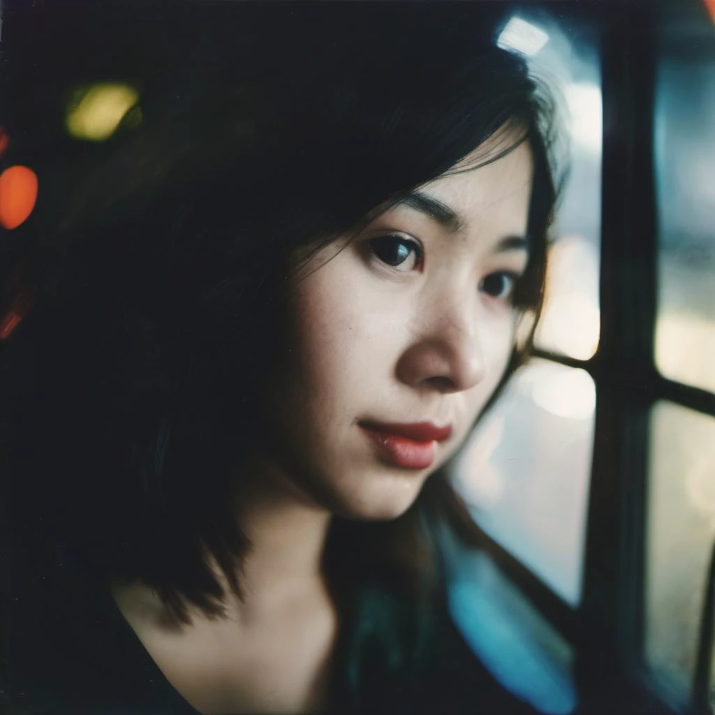 a 22yo thai woman, (beautiful face, exquisite face, skin texture:1.2), half body portrait from side, watching window,+ (masterpiece, best quality,ultra high res:1.2), (photo-realistic:1.3), (ultra-wide angle:1.3)+ tokyo street, night, dark mood, +polaroid color sx-70 instant analog film, faded, blurry, motion blur, ((grainy))