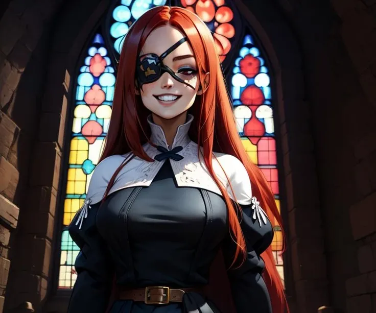 Marietta, right eyepatch, long red hair, grin, red eyes, standing, upper body, MarNun, blue roped belt,long sleeves,black dress, fantasy, church, (insanely detailed, beautiful detailed face, masterpiece, beautiful detailed eyes, best quality) <lora:Marietta-10v2:0.7>