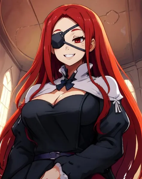 Marietta, right eyepatch, long red hair, red eyes,  crazy smile, 
blue roped belt,long sleeves,black dress,  cleavage, 
 sitting,  upper body,   from below, 
castle, indoors,  
 (insanely detailed, beautiful detailed face, masterpiece, beautiful detailed eyes, best quality)
 <lora:Marietta-10v6:0.8>
