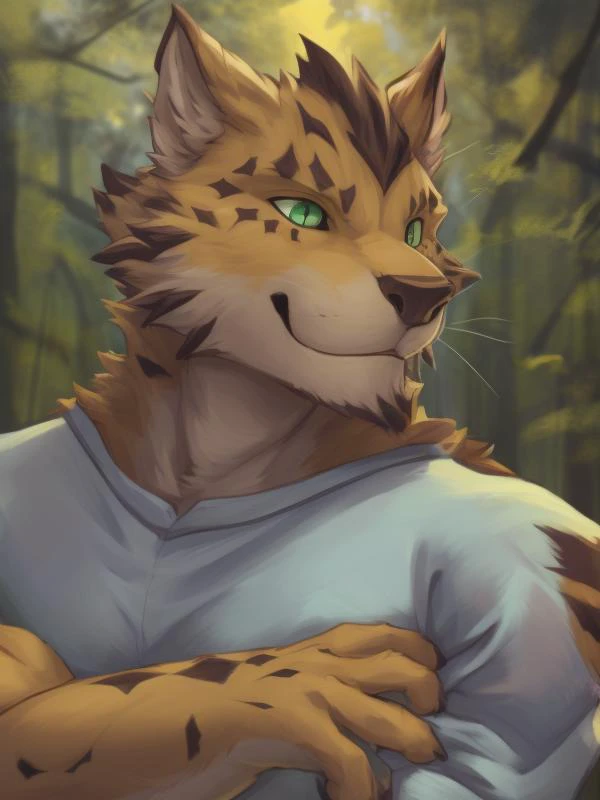 1boy, kemono, based pixiv, (cheetah boy, fluffy body:1.2, solo), small, face,animal nose, green eyes, solid circle black spot, yellow hair, extremely short hair, a fluffy tail, shaded fur, grin:0.3, forest, jungle, naked, (a black streak from the inner corner of the eye to the corner of the mouth),