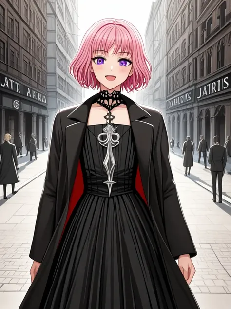 high stature, Early twenties, curl flipped short hair, ((grey eyes)), reproachful eyes, ((pale pink hair)), twisted long one side hair, slender, large thighs, muscle girl, beautiful breasts, ((flat chest)), ((jitome, sidelocks)), (black closed long coat, long sleeves, white long skirt), michael the archangel, off_shoulder, (resignation face, blush, laugh, open mouth), shiny skin, high resolution, (skirt lift), ((Streets of Paris background)), sense of depth, 4k, absurdres, dynamic angle, best quality, masterpiece, Detailed illustration, Destructive art, opulent, insanely detailed, ultra-highres, ultra-detailed, ultra detailed eyes, (Ray Tracing, Illustrated, Reflected Light),,