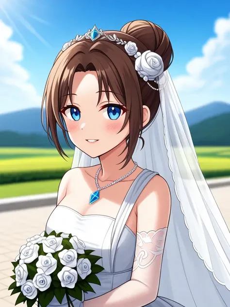 1girl, solo, flower, veil, blue eyes, looking at viewer, smile, bridal veil, outdoors, dress, jewelry, bouquet, wedding dress, blurry, white dress, blush, day, white flower, upper body, necklace, hair ornament, sky, blurry background, brown hair, bride, parted lips, holding, gem, parted bangs, hair bun, bangs, blue sky, single hair bun,