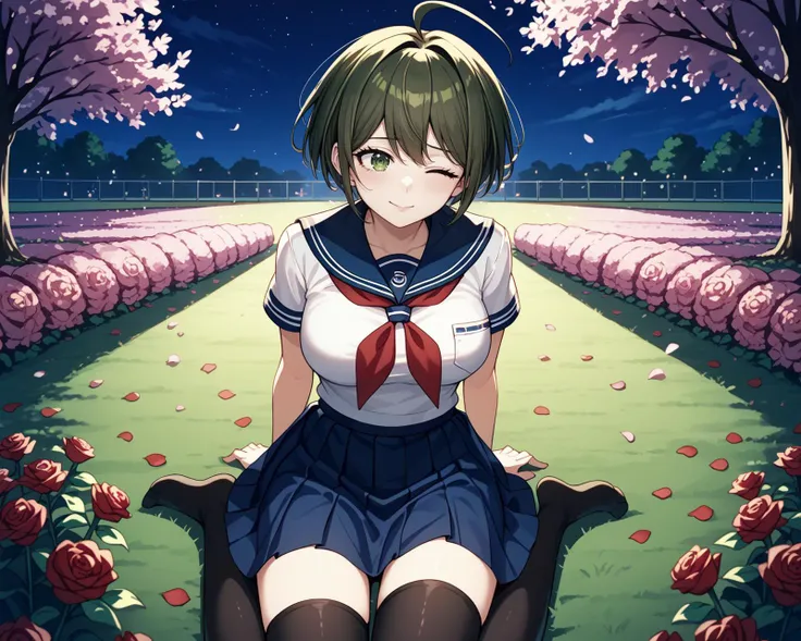 POV CHEST FOCUS,night time,masterpiece, park,high quality,<lora:Komaru_Naegi:0.8>komaru naegi ,ort hair, dark green hair ,brown hair, (ahoge), short hair,serafuku, white shirt, blue sailor collar, red neckerchief, blue skirt, large breasts,green eyes, HEAD DOWN, sitting ON GROUND, 1leg up ,wink,, arms on hip,black thighhighs, flower field, roses,flowers,cherry blossoms,  clothes lift,, score_9, score_8_up,score_7_up,score_6_up,