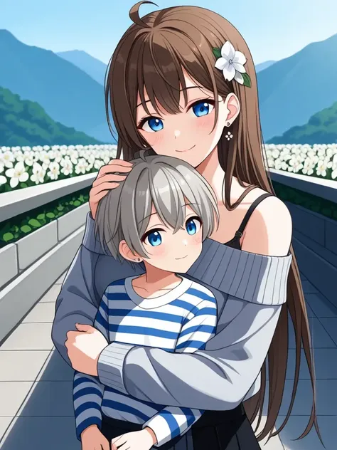 cutie girl, uncensor, canted angle,,  
1girl, 1boy, blue eyes, smile, hair ornament, flower, hug, long hair, hair flower, blush, jewelry, earrings, looking at viewer, ahoge, closed mouth, off shoulder, long sleeves, bangs, striped, grey hair, bare shoulders, hand on another's head, shirt, striped shirt, hetero, brown hair, sweater, outdoors, age difference, stud earrings, upper body, skirt, white flower, bra strap,,