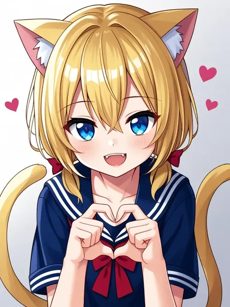 :d, blonde hair, blue eyes, bow, bowtie, cat ears, cat girl, cat tail, collarbone, fang, hair between eyes, hair bow, heart, heart hands, looking at viewer, low twintails, open mouth, sailor collar, school uniform, serafuku, short hair, smile, solo, tail, teeth, twintails,