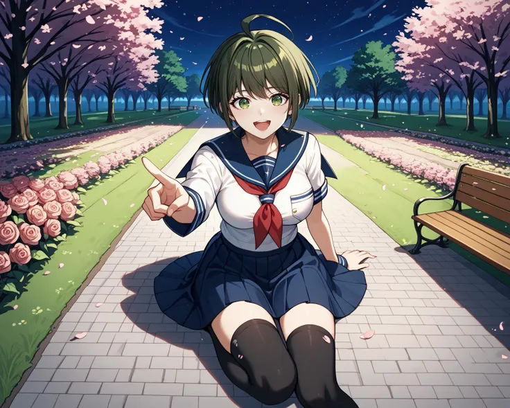 POV CHEST FOCUS,night time,masterpiece, park,high quality,<lora:Komaru_Naegi:0.8>komaru naegi ,ort hair, dark green hair ,brown hair, (ahoge), short hair,serafuku, white shirt, blue sailor collar, red neckerchief, blue skirt, large breasts,green eyes, HEAD DOWN, sitting ON GROUND, 1leg up ,,laughing, pointing at viewer,black thighhighs, path bench ,flower field, roses,flowers,cherry blossoms,  clothes lift,, score_9, score_8_up,score_7_up,score_6_up,