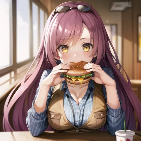 best quality, (masterpiece:1.2), illustration, absurdres,
(1girl, solo), (beautiful detailed girl), ((upper body, portrait))
<lora:Vivi-07:0.8>, Vivi, pink hair, long hair, yellow eyes, medium breasts, eyewear on head, striped shirt, vest, (jeans:1.1), pants, brown boots eating hamburger, two-handed burger, holding a huge burger with both hands ,<lora:borger-nvwls-v4:0.8>,
happy, excited,
inside fast food restaurant
