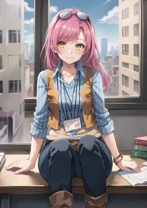 best quality, (masterpiece:1.2), illustration, absurdres,
(1girl, solo), (beautiful detailed girl),
<lora:Vivi-07:0.8>, Vivi, pink hair, long hair, yellow eyes, medium breasts,
eyewear on head,
striped shirt, vest, (jeans:1.1), pants, brown boots,
inside trendy office, inside news agency, window, sky, clouds, day, buildings, city visible from window, desk, bookshelf,
sitting,
smile, looking at viewer,