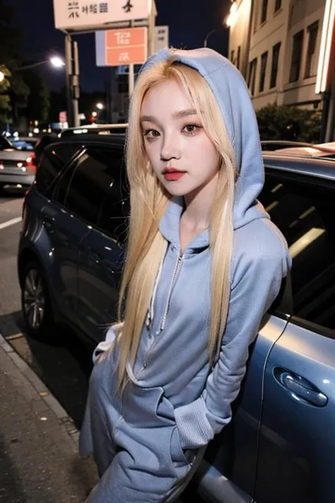 ujifilm XT3, 8k,close up photo, masterpiece, best quality, (((1girl))), solo,realistic, ((looking at viewer)), photorealistic, (extremely detailed face), looking at viewer, ((ultra-detailed eyes and pupils)), ultra detailed, serious expression, ((standing city street at night)), hoodie, (arms behind back), <lora:yuqilorashy:1>