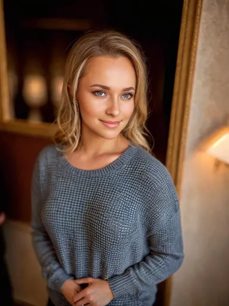 ((2/3 body view)), ((Wearing a sweater and slacks)), ((Professional Photo Shoot)), ((in Rome, Italy)), model shoot style, extremely intricate, High Detail, Sharp focus, dramatic, soft cinematic light, (looking at viewer), (Real Eyes), (Detailed Eye Corneas) (detailed pupils), (smiling), 24mm, photo lab, elegant, insane details, hyperdetailed, low contrast, epiCRealism, (((SFW))) <lora:Hayden_Panettiere:0.85>