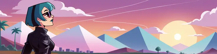 score_9, score_8_up, score_7_up, BREAK, <lora:balsamique-guy-PONYv1:1>, 1girl, solo, <lora:gwentd-guy-ponyv1:0.9> gwentd, two-tone hair, lipstick, leather jacket, sunglasses, outdoors, city, depth of field, portrait, looking to the side, synthwave, sun, abstract background, wireframe, neon palette, red sun, landscape, palm tree, mountainous horizon, scenery, sunset, skyline, light trail, cityscape, road, power lines,