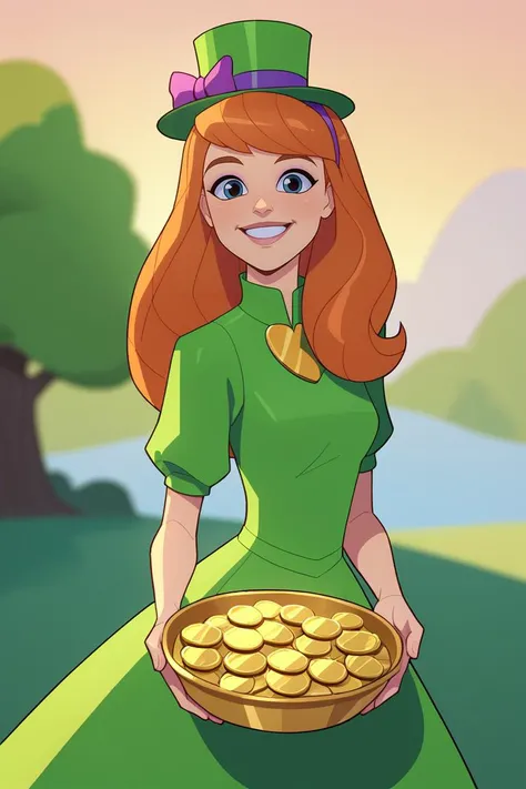 score_9, score_8_up, score_7_up, BREAK, <lora:balsamique-guy-PONYv1:1>, 1girl, solo, daphne ann blake, green dress, saint patricks day, four-leaf clover, gold pot, rainbow, outdoors, portrait, smile, double rainbow, mini top hat, looking at viewer, pile of gold, gold coin,