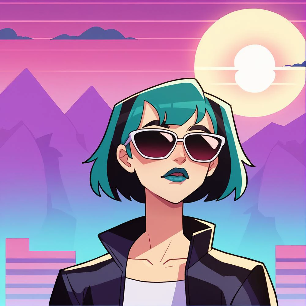 score_9, score_8_up, score_7_up, BREAK, <lora:balsamique-guy-PONYv1:1>, 1girl, solo, <lora:gwentd-guy-ponyv1:0.9> gwentd, two-tone hair, lipstick, leather jacket, sunglasses, outdoors, city, depth of field, portrait, synthwave, sunset, wireframes, red sun, vaporwave, neon palette, neon lights,