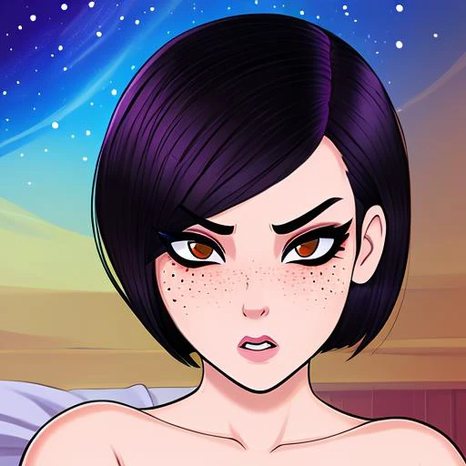 portait of ((stunningly attractive)) girl in bed, ((perfect femine face)), (+freckles) (+busty) (+short hair), intricate, 8k, artstation, highly detailed, digital painting, intense, sharp focus