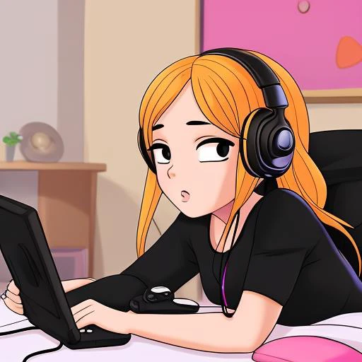 a gamer girl with headphones, indoor, bedroom