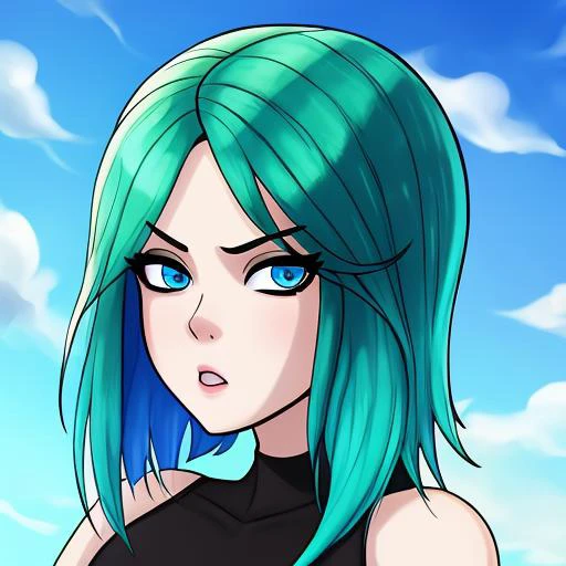 a gamer girl with green hair, blue eyes, outdoor