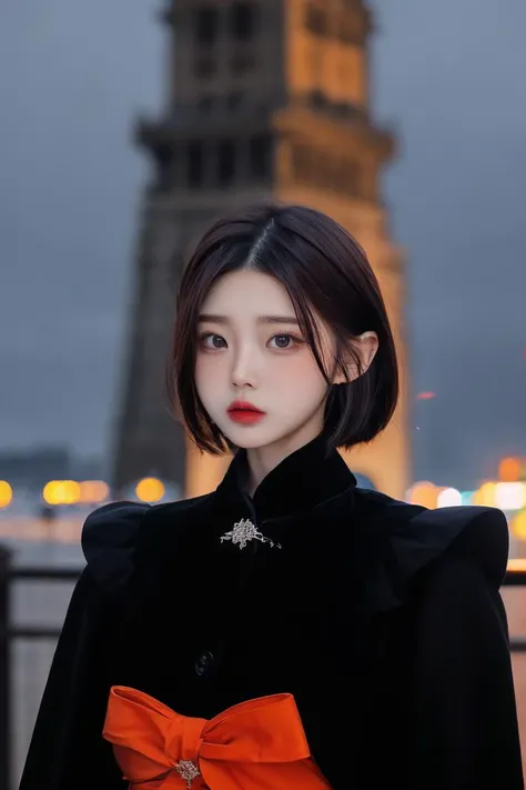 a fashion portrait of a beautiful female model wearing haute couture of Dark orange, photo by tim walker, professional medium format film, sharp focus, winter, evening, outside, tower, (upper body:1.2), short hair, <lora:oljbll_:0.9>