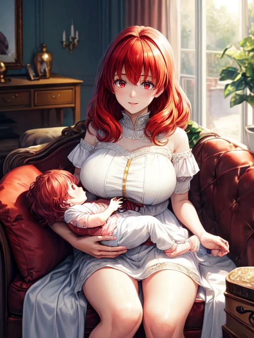 best quality, masterpiece, highres, detailed, perfect anatomy, <lora:Detail - add_detail:0.2>, BFmother, 1baby, mother holding , mother and baby, motherly, sitting, living room, sofa, baby, <lyco:Mother_and_Baby:0.8>, Celica FE, red hair, red eyes, white dress, happy, looking at another, <lora:Character - celica-fef:0.5>