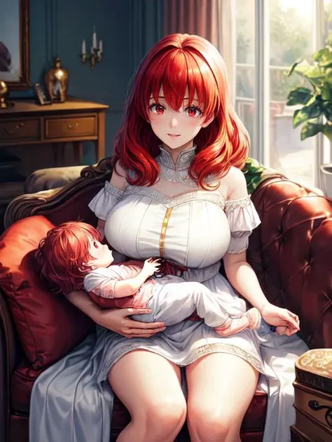 best quality, masterpiece, highres, detailed, perfect anatomy,  <lora:Detail - add_detail:0.2>,  BFmother, 1baby, mother holding ****, mother and baby, motherly, sitting, living room, sofa, baby, <lyco:Mother_and_Baby:0.8>, Celica FE, red hair, red eyes, white dress, happy, looking at another,  <lora:Character - celica-fef:0.5>