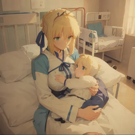 1girl, mother and , holding babyspital bed, hospital gown:0.9, artoria pendragon \(fate\), blonde hair, <lora:BreastfeedingMother:0.8> <lora:saber_v1:0.7>, <lora:hand 4:0.7>