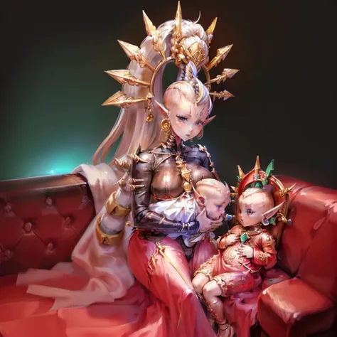 (((Yvraine, TOPKNOT, HAIRORNAMENT, pointy ears, eldari, Mother holding Baby, ))), sitting on Couch, <lyco:Mother holding Baby:1.0> <lora:add_detail:0.5> <lora:Yvraine MK1 by CARAXES:0.8>