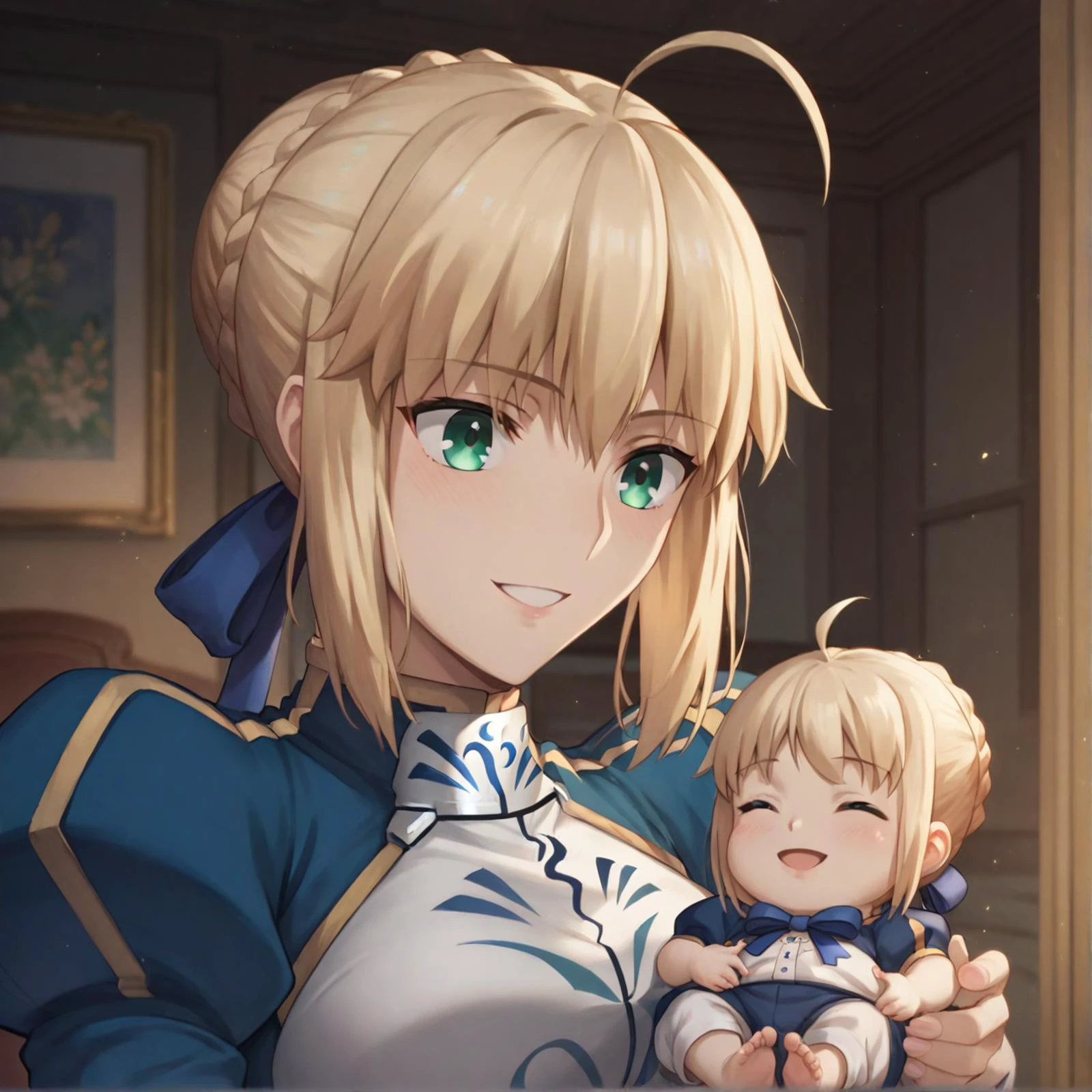 mother and daughter, bedroom, holding , babythes, smile, <lora:BreastfeedingMother:0.8>, BFMother, <lora:artoria-pendragon-hf-ponyxl-lora-nochekaiser:0.8>, artoria pendragon, artoria pendragon \(fate\), saber, blonde hair, green eyes, ahoge, sidelocks, BREAK score_9, score_8_up, score_7_up, best quality, masterpiece, 4k, prefect lighting, very aesthetic, anime, zPDXL2