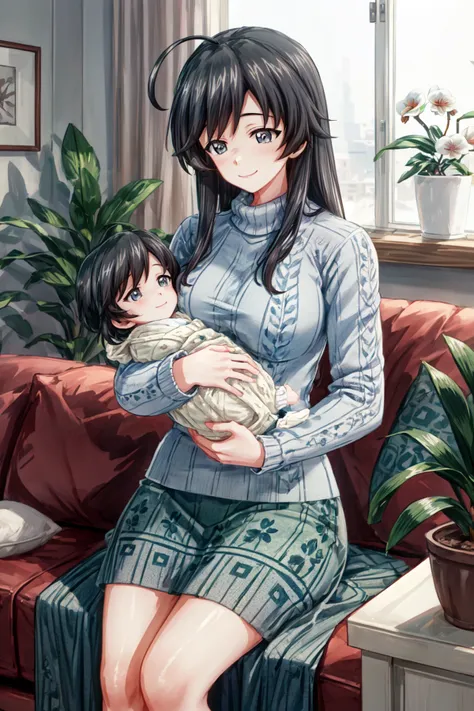 8k, masterpiece, best quality, ultra detailed, highest resolution, perfect anatomy, girls und panzer, (1girl), solo, ((isuzu hana)), ((ahoge)), grey eyes, ((BFMother, indoors, 1baby, mother holding , mother and babytherly, sofa, living room)), smile, ((((patterned sweater)))), (((long skirt))), (((mature female))), ((potted plants)), ((flowers)), smile, ((looking down)), ((orchids))