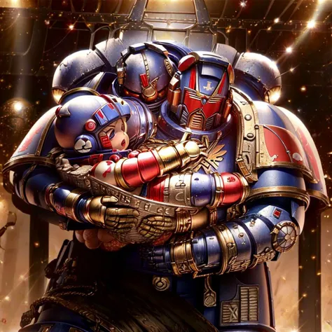 (((Primaris Space Marine, 40K, Father holding Baby, ))), armor, helmet, red glowing eyes, <lyco:Mother holding Baby:1.0> <lora:add_detail:1> <lora:Primarismarines4:0.9>