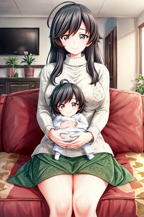 8k, masterpiece, best quality, ultra detailed, highest resolution, perfect anatomy, girls und panzer, (1girl), solo, ((isuzu hana)), ((ahoge)), grey eyes, ((BFMother, indoors, 1baby, mother holding , mother and babytherly, sofa, living room)), smile, ((((patterned sweater)))), (((long skirt))), (((mature female))), ((potted plants)), ((flowers)), smile, ((looking down)), ((orchids))