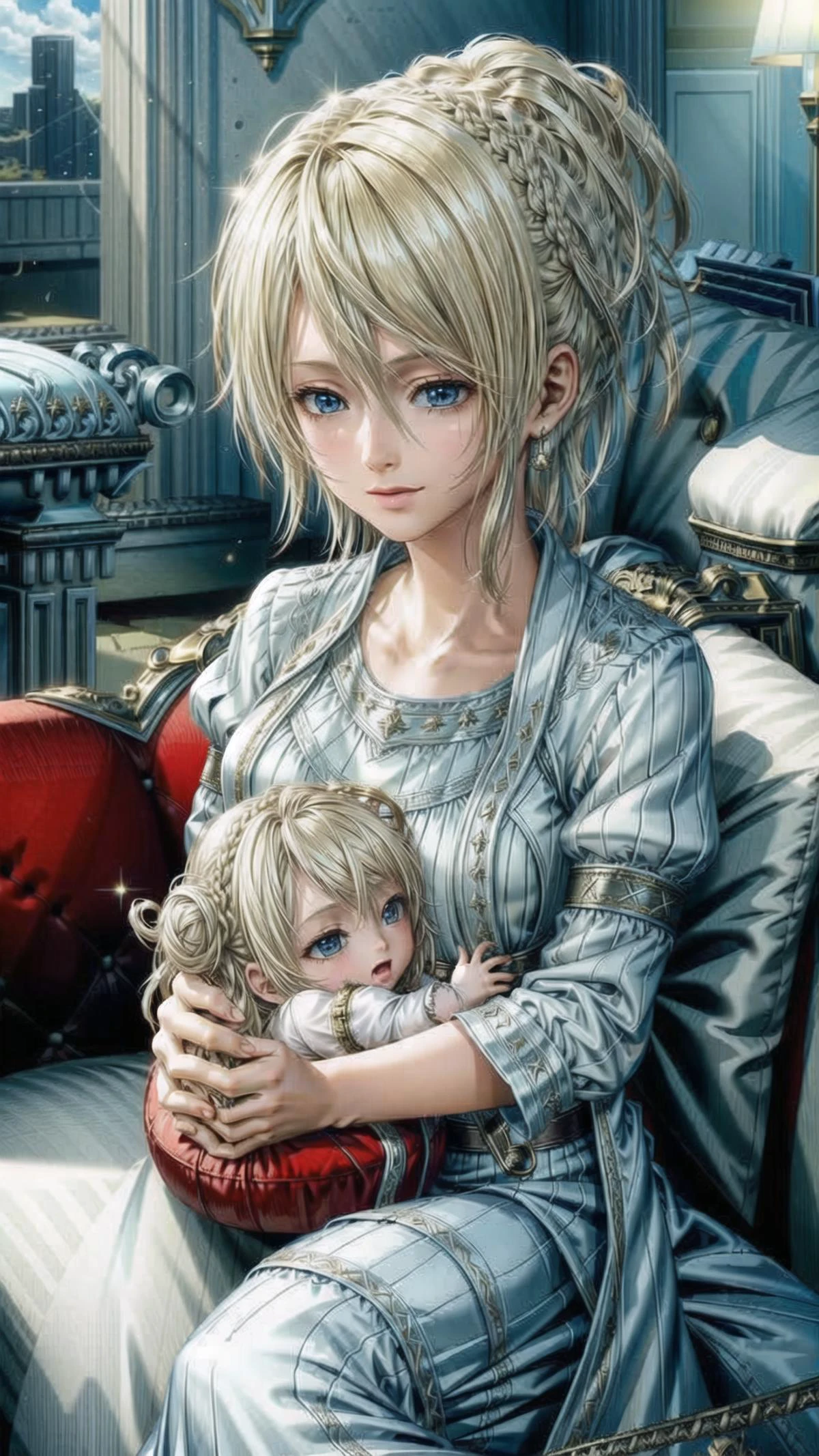 <lora:Mother holding Baby:0.8> (BFMother, 1baby, mother holding baby, mother and baby, motherly:1.25), looking at baby, BREAK,
<lora:add_detail:0.8> <lora:Lunafreya Nox Fleuret - Final Fantasy XV:0.8> 1girl, blonde hair, updo, royal, BREAK,
(sitting, couch:1.25), masterpiece, best quality, extremely detailed, highly quality, 4k, sharp focus, professional, sharp focus, award winning, cinematic lighting, octane render, unreal engine, volumetrics dtx, Wallpaper,