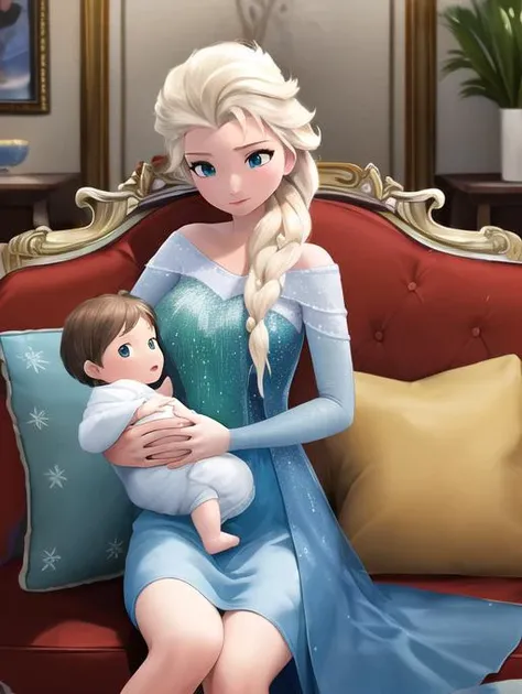 best quality, masterpiece, highres, detailed, perfect anatomy, <lora:Detail - add_detail:0.2>, BFmother, 1baby, mother holding , mother and baby, motherly, sitting, living room, sofa, baby, <lyco:Mother_and_Baby:0.8>, elsa, blue dress, <lora:Character - Elsa-04:0.6>