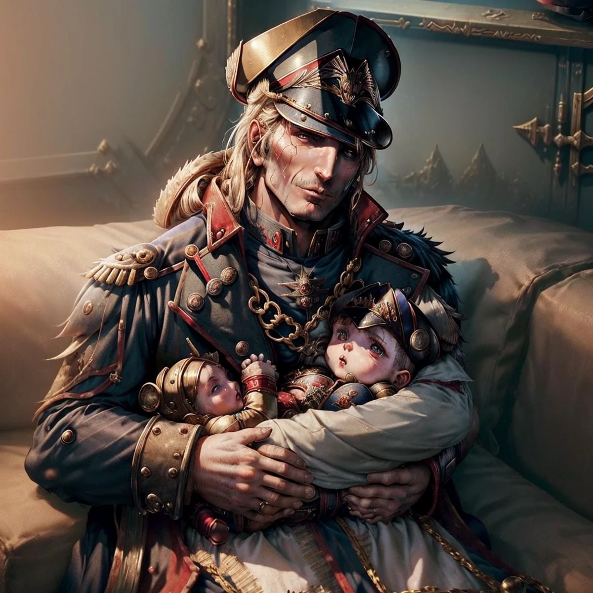 (((WH40K, warhammer 40k commissar, Father holding Baby, ))), sitting on Couch, <lyco:Mother holding Baby:1.0> <lora:add_detail:0.5> <lora:warhammer 40k commissar:0.8>